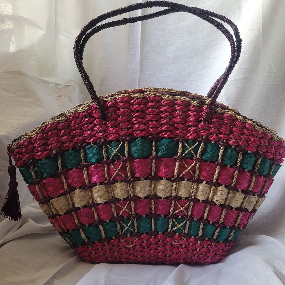 Brand New Woven Basket Purse - Magenta, Turquoise, Beige